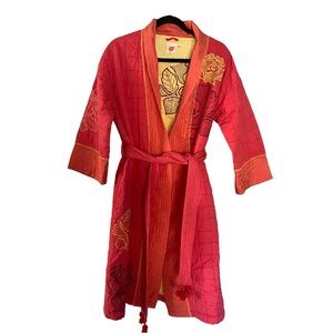 Anthropologie Lilka Quilted Tie Waist Robe XS/S Coral Yellow Floral Flower